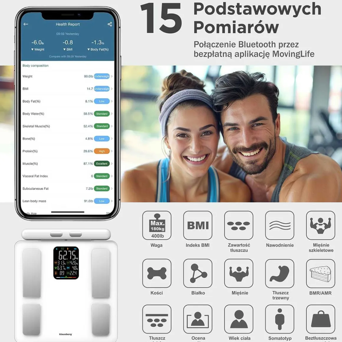ANALITYCZNA WAGA ŁAZIENKOWA SMART IOS ANDROID KLAUSBERG KB-7857