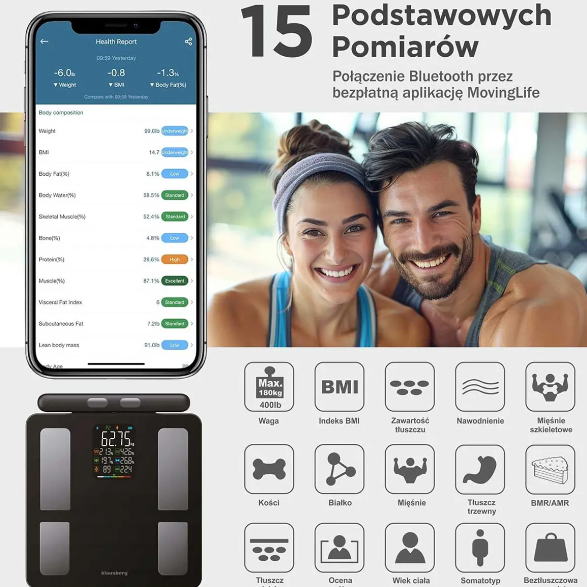 ANALITYCZNA WAGA ŁAZIENKOWA SMART IOS ANDROID KLAUSBERG KB-7856