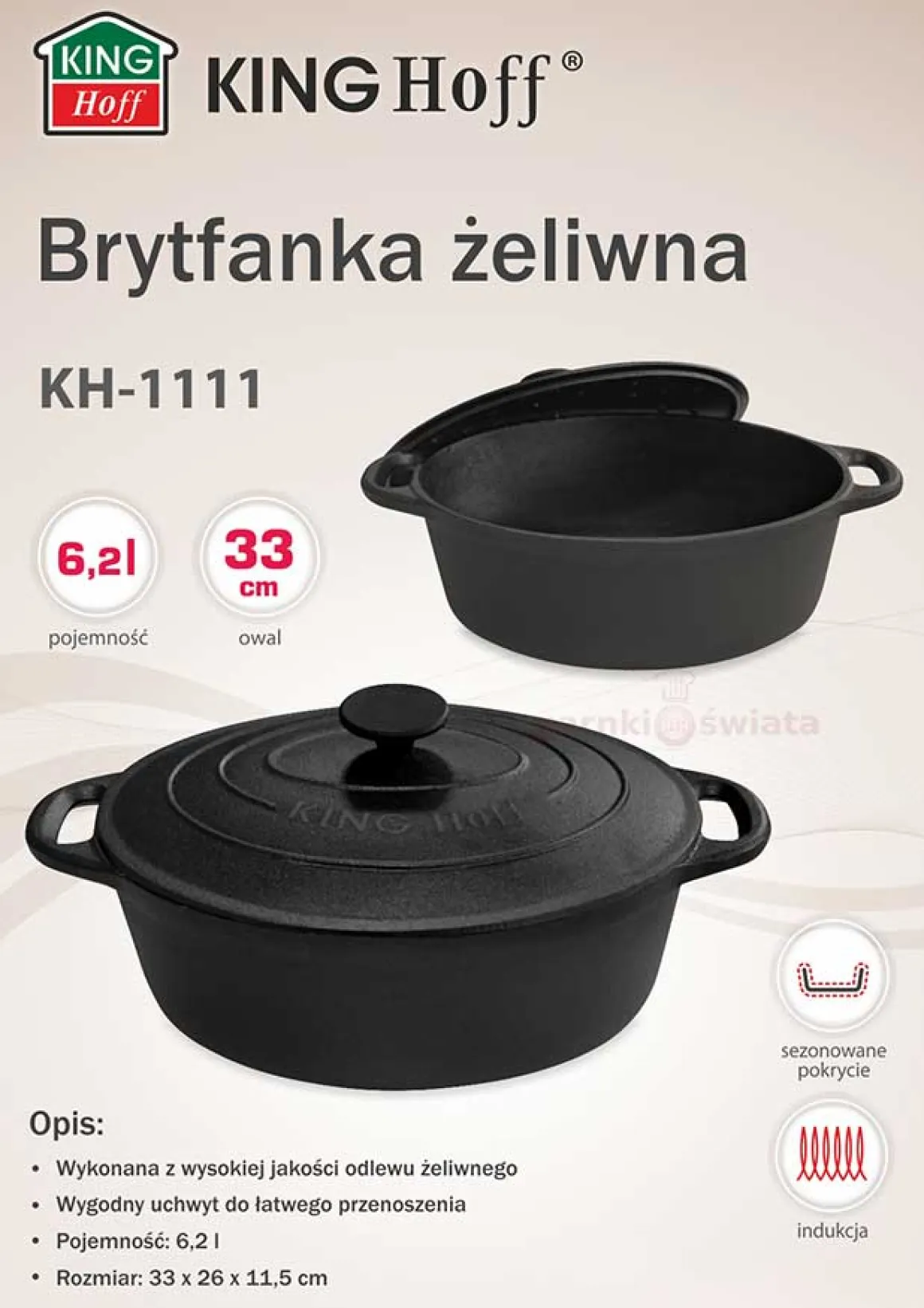 BRYTFANNA ŻELIWNA 33cm 6,2L KINGHOFF KH-1111