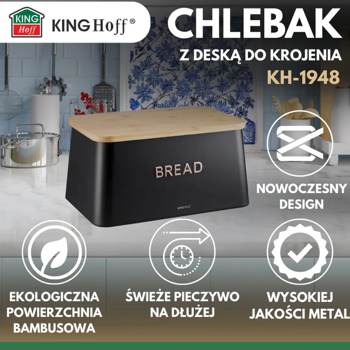 CHLEBAK STALOWY Z DESKĄ DO KROJENIA KINGHOFF KH-1948