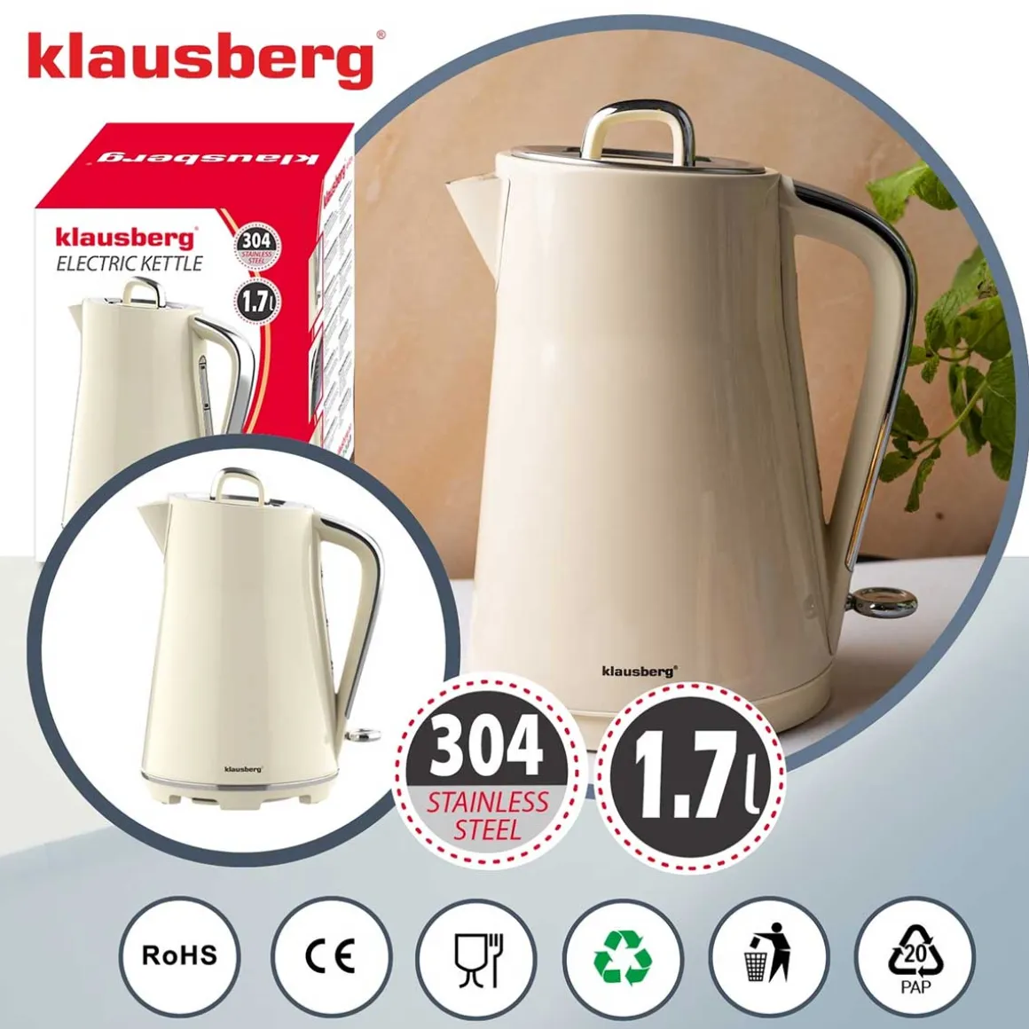 CZAJNIK ELEKTRYCZNY 1,7L KLAUSBERG KB-9016 KREMOWY