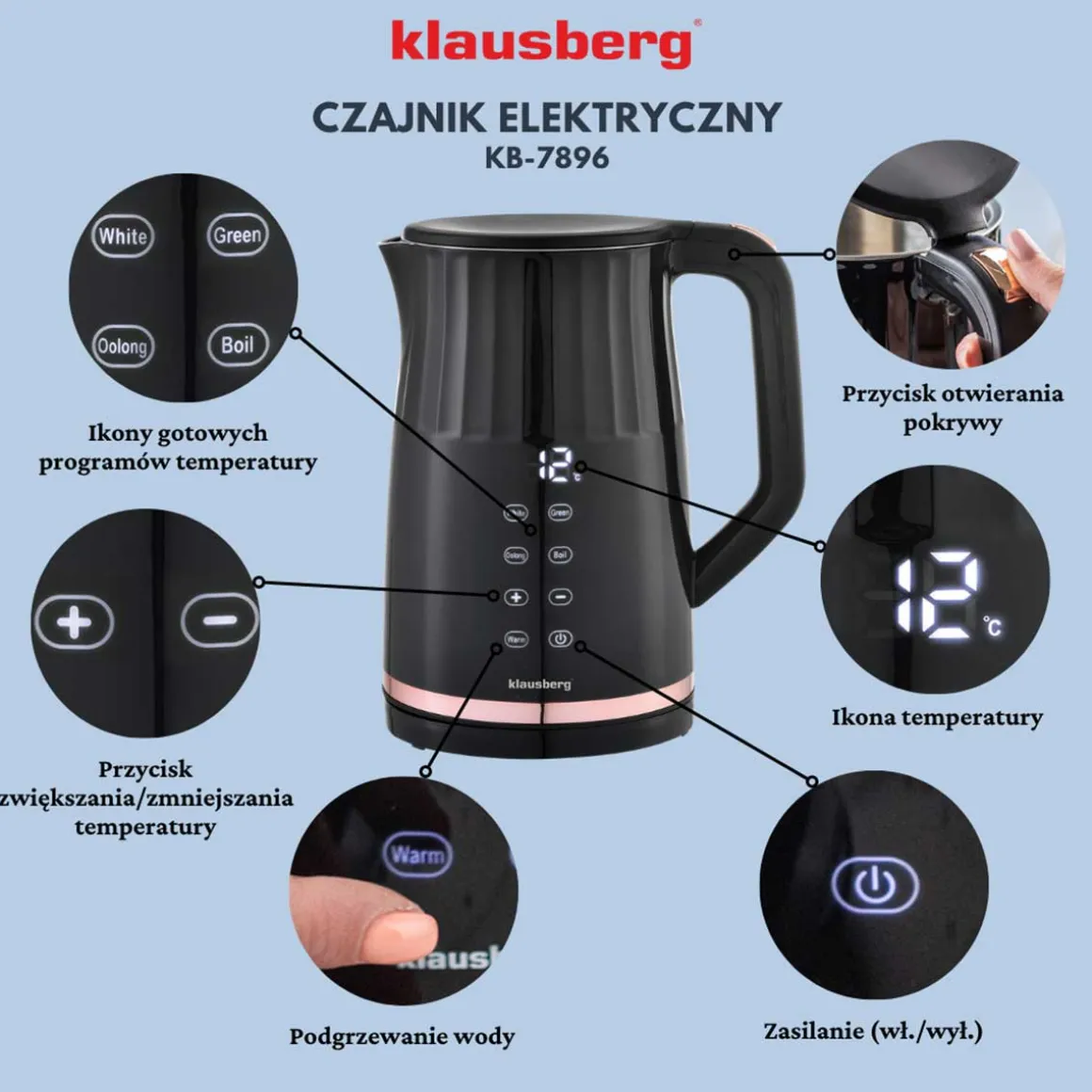 CZAJNIK ELEKTRYCZNY 1,7L KLAUSBERG KB-7896 LED REGULACJA TEMPERATURY