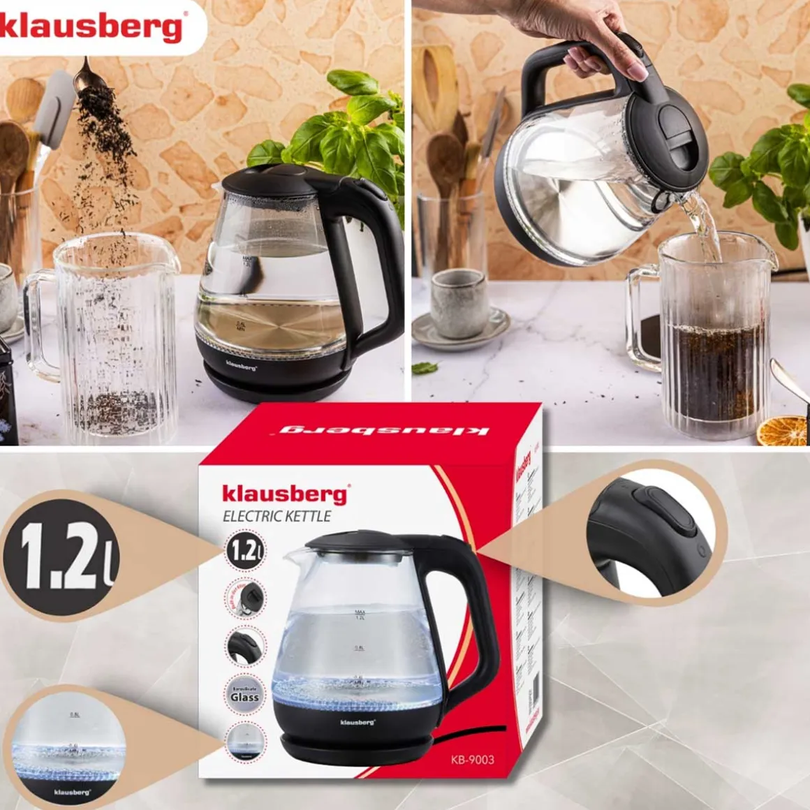CZAJNIK ELEKTRYCZNY SZKLANY 1,2L KLAUSBERG KB-9003 LED
