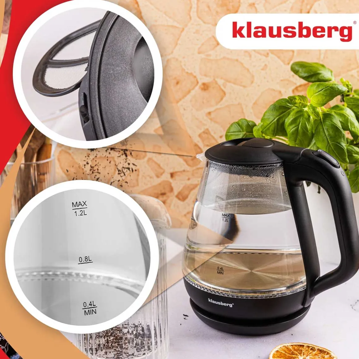 CZAJNIK ELEKTRYCZNY SZKLANY 1,2L KLAUSBERG KB-9003 LED