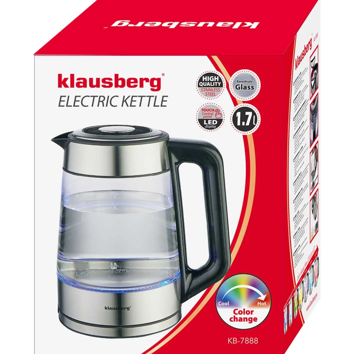 CZAJNIK ELEKTRYCZNY SZKLANY 1,7L KLAUSBERG KB-7888 LED RGB