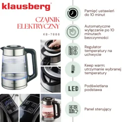 CZAJNIK ELEKTRYCZNY SZKLANY 1,7L KLAUSBERG KB-7888 LED RGB