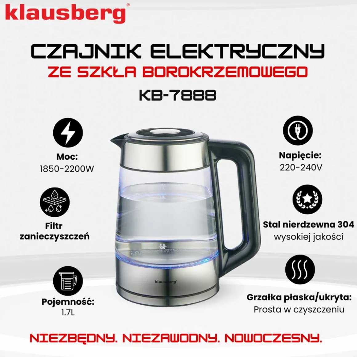 CZAJNIK ELEKTRYCZNY SZKLANY 1,7L KLAUSBERG KB-7888 LED RGB