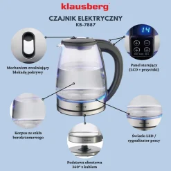 CZAJNIK ELEKTRYCZNY SZKLANY 1,8L KLAUSBERG KB-7887 LED RGB