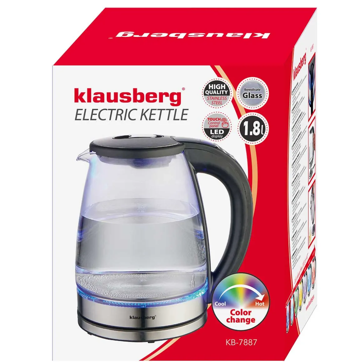CZAJNIK ELEKTRYCZNY SZKLANY 1,8L KLAUSBERG KB-7887 LED RGB