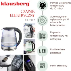 CZAJNIK ELEKTRYCZNY SZKLANY 1,8L KLAUSBERG KB-7887 LED RGB
