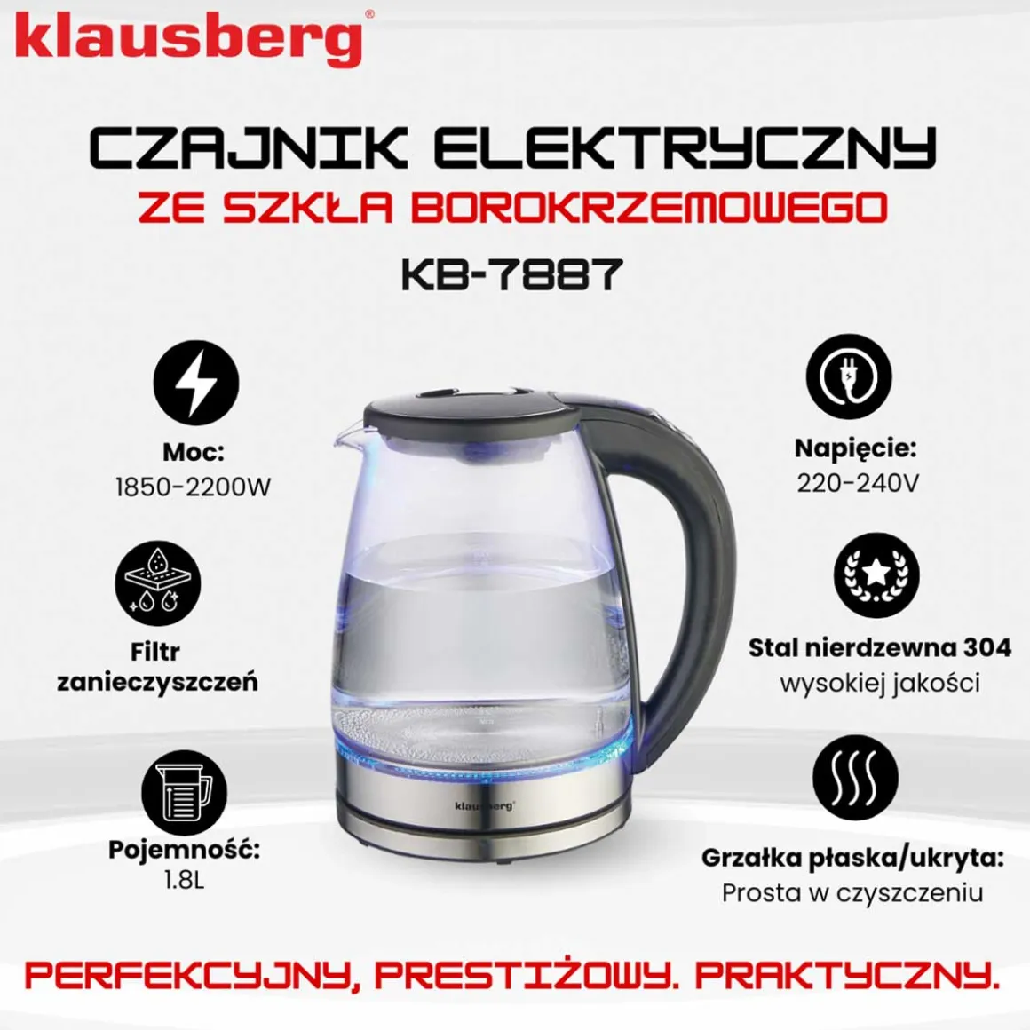 CZAJNIK ELEKTRYCZNY SZKLANY 1,8L KLAUSBERG KB-7887 LED RGB