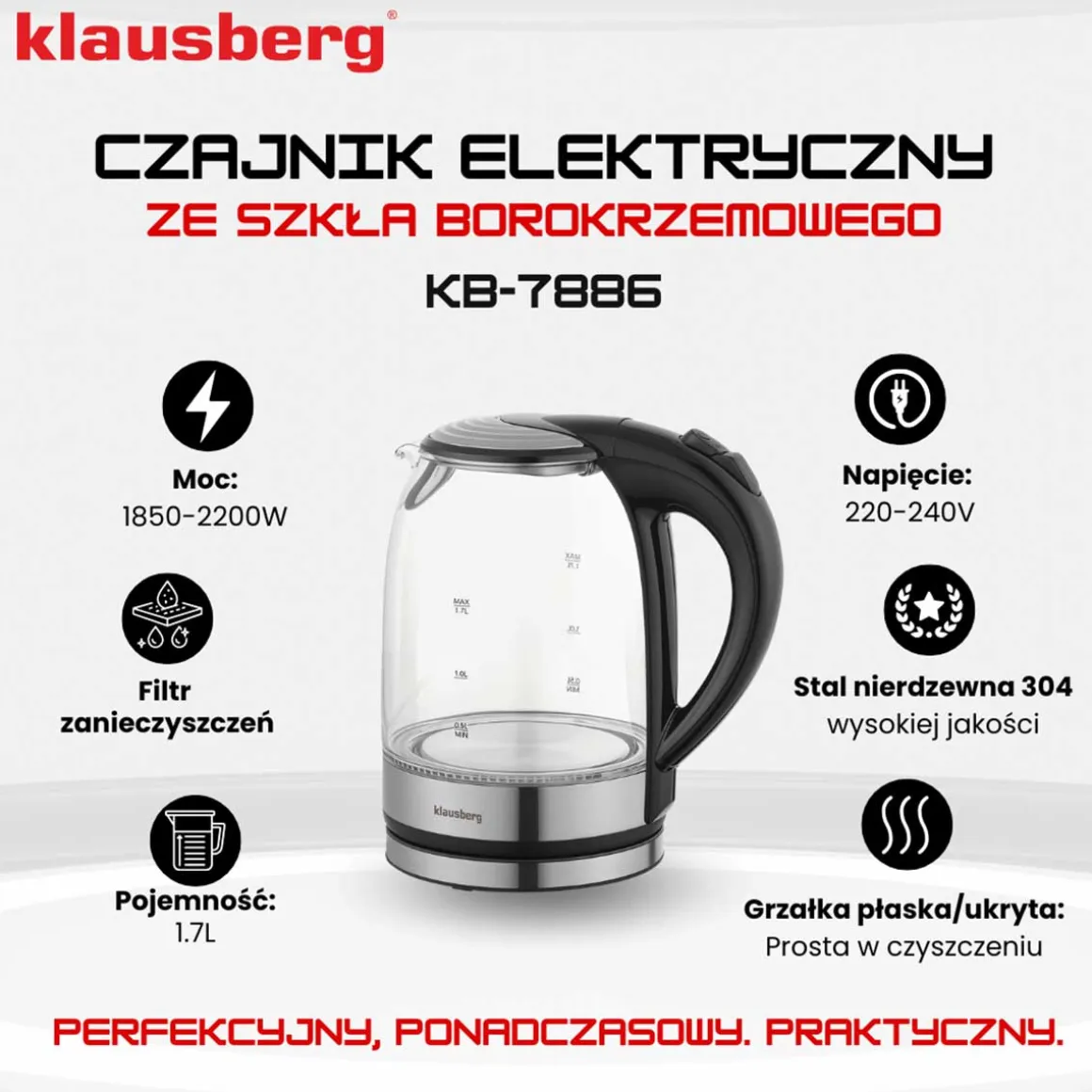 CZAJNIK ELEKTRYCZNY SZKLANY 1,7L KLAUSBERG KB-7886 LED