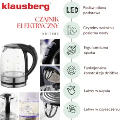 CZAJNIK ELEKTRYCZNY SZKLANY 1,7L KLAUSBERG KB-7886 LED
