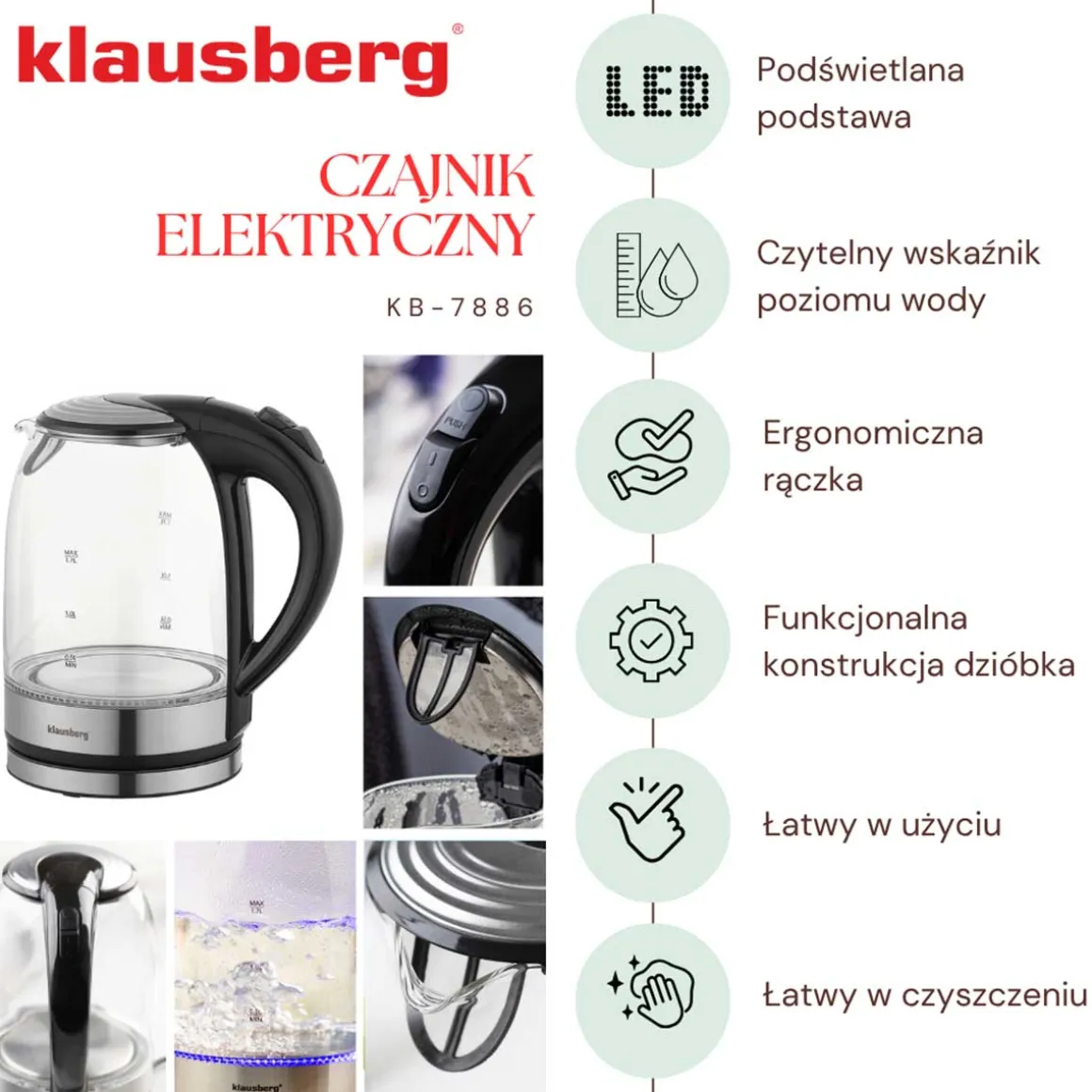 CZAJNIK ELEKTRYCZNY SZKLANY 1,7L KLAUSBERG KB-7886 LED