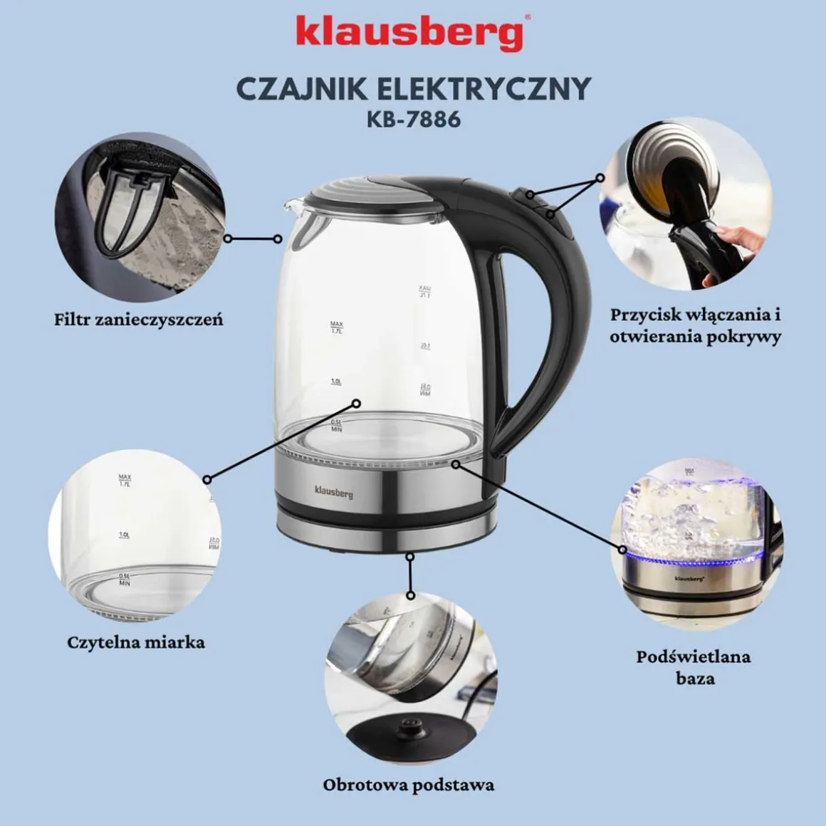 CZAJNIK ELEKTRYCZNY SZKLANY 1,7L KLAUSBERG KB-7886 LED