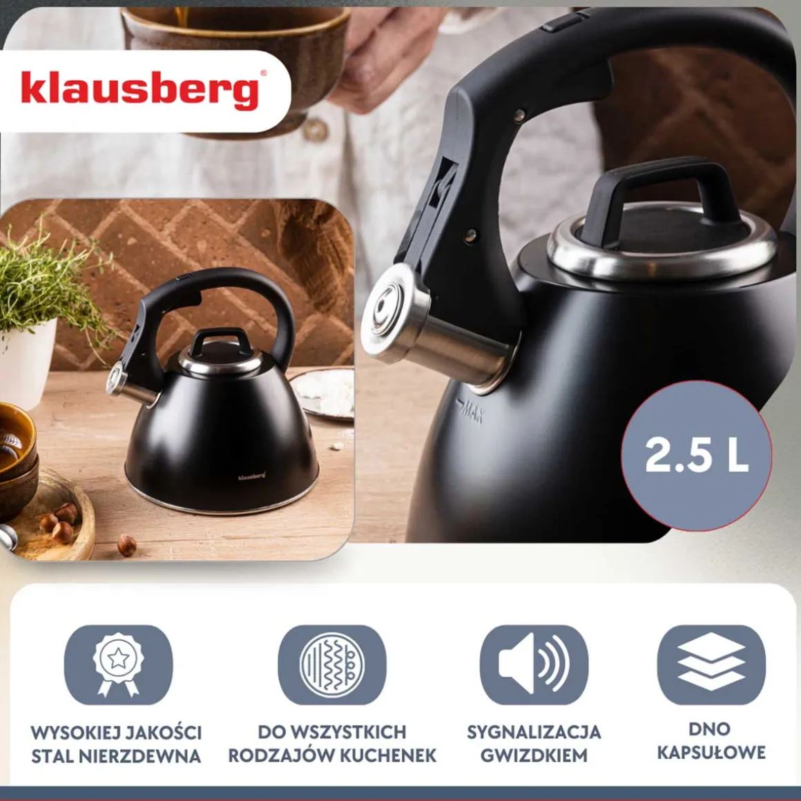 CZAJNIK STALOWY Z GWIZDKIEM 2,5L KLAUSBERG KB-7952