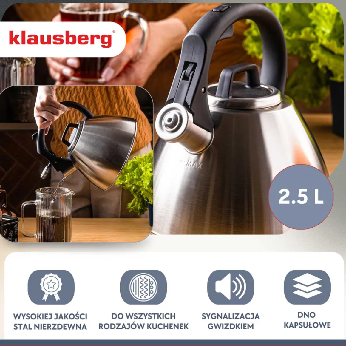 CZAJNIK STALOWY Z GWIZDKIEM 2,5L KLAUSBERG KB-7951