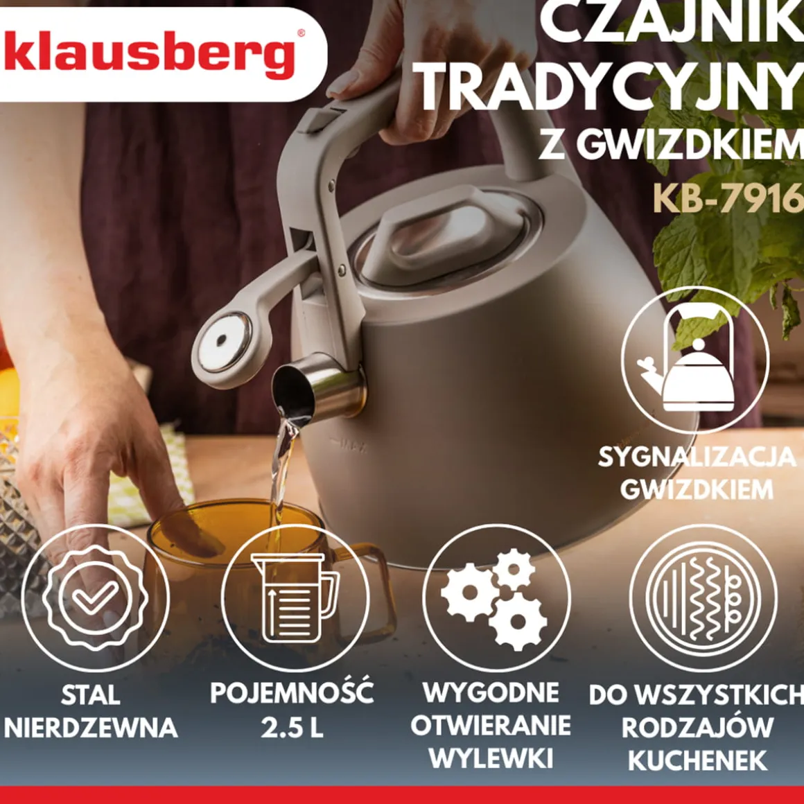 CZAJNIK STALOWY Z GWIZDKIEM 2,5L KLAUSBERG KB-7916