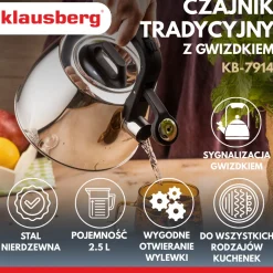 CZAJNIK STALOWY Z GWIZDKIEM 2,5L KLAUSBERG KB-7914
