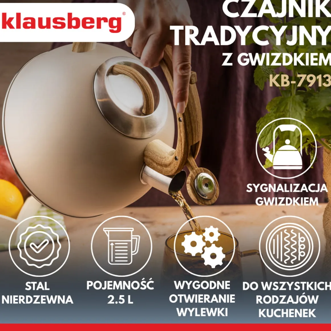 CZAJNIK STALOWY Z GWIZDKIEM 2,5L KLAUSBERG KB-7913
