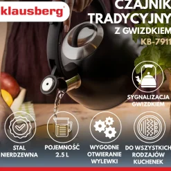 CZAJNIK STALOWY Z GWIZDKIEM 2,5L KLAUSBERG KB-7911