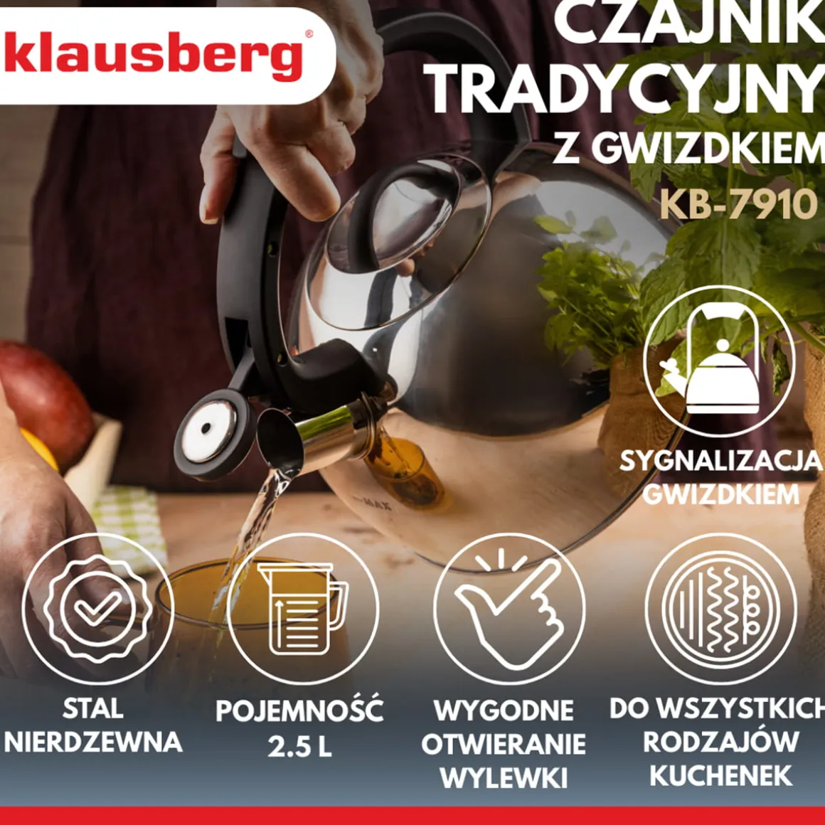 CZAJNIK STALOWY Z GWIZDKIEM 2,5L KLAUSBERG KB-7910