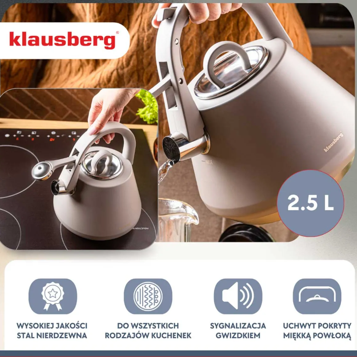 CZAJNIK STALOWY Z GWIZDKIEM 2,5L KLAUSBERG KB-7949 SZARY