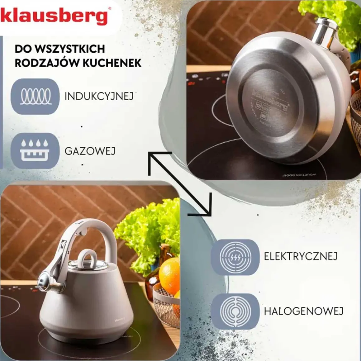 CZAJNIK STALOWY Z GWIZDKIEM 2,5L KLAUSBERG KB-7949 SZARY