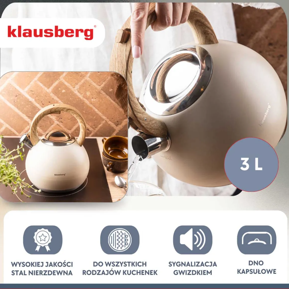 CZAJNIK STALOWY Z GWIZDKIEM 3L KLAUSBERG KB-7956 BEŻOWY MAT