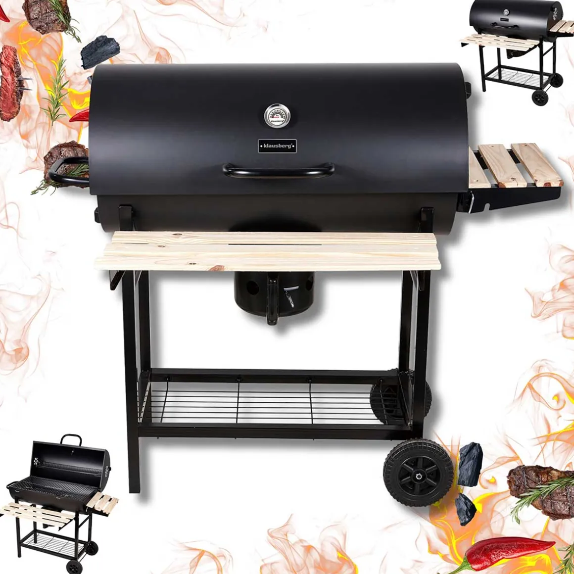 DUŻY GRILL WĘGLOWY NA KÓŁKACH Z PÓŁKAMI KLAUSBERG KB-9033