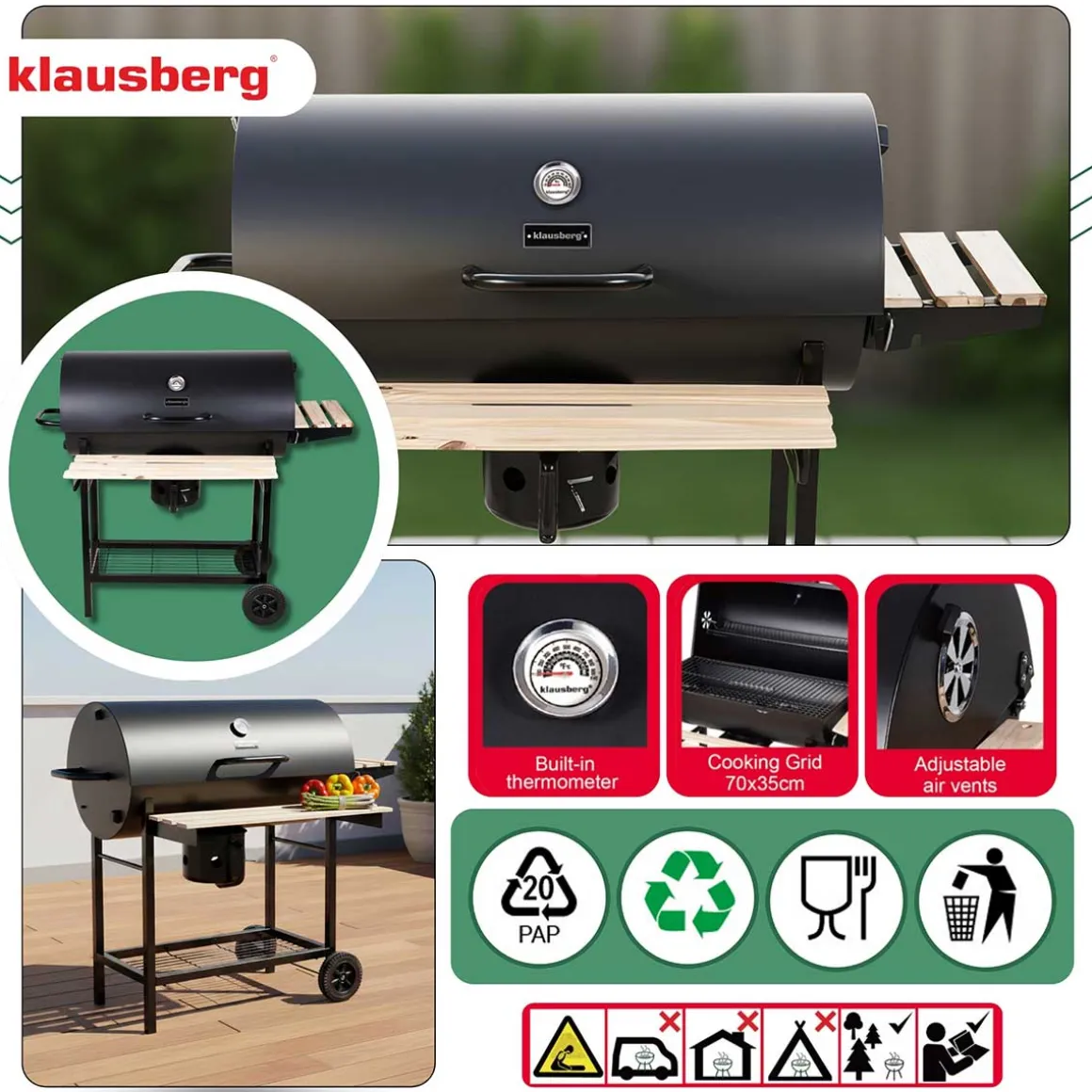 DUŻY GRILL WĘGLOWY NA KÓŁKACH Z PÓŁKAMI KLAUSBERG KB-9033