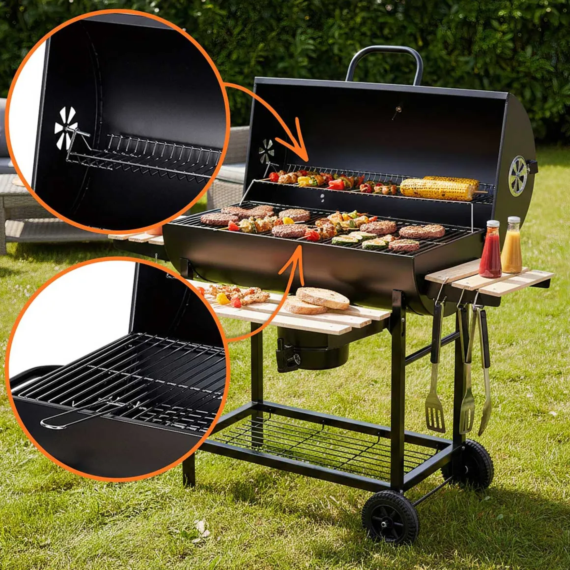 DUŻY GRILL WĘGLOWY NA KÓŁKACH Z PÓŁKAMI KLAUSBERG KB-9033