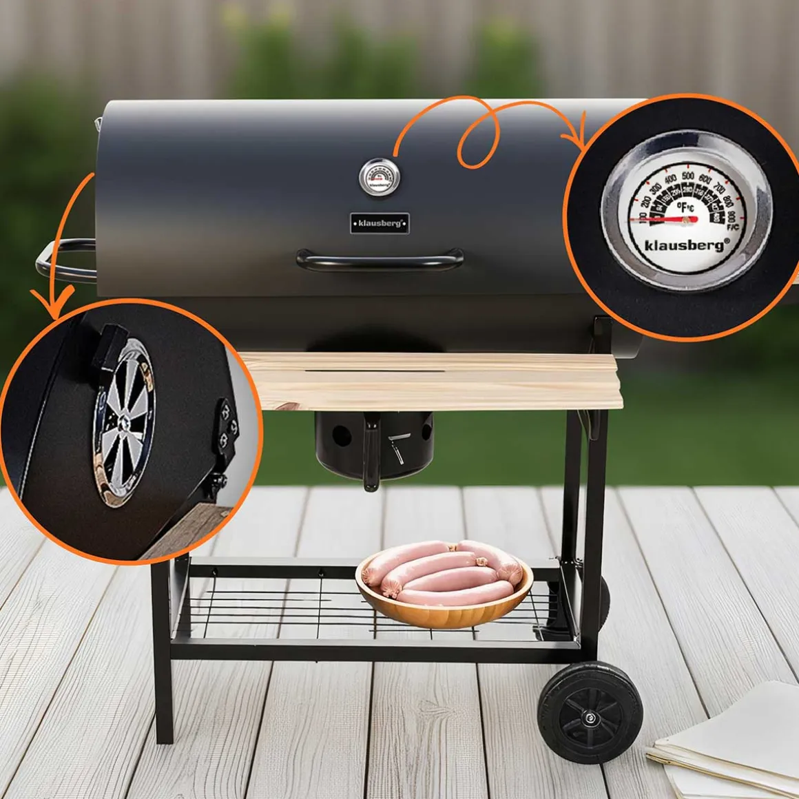 DUŻY GRILL WĘGLOWY NA KÓŁKACH Z PÓŁKAMI KLAUSBERG KB-9033