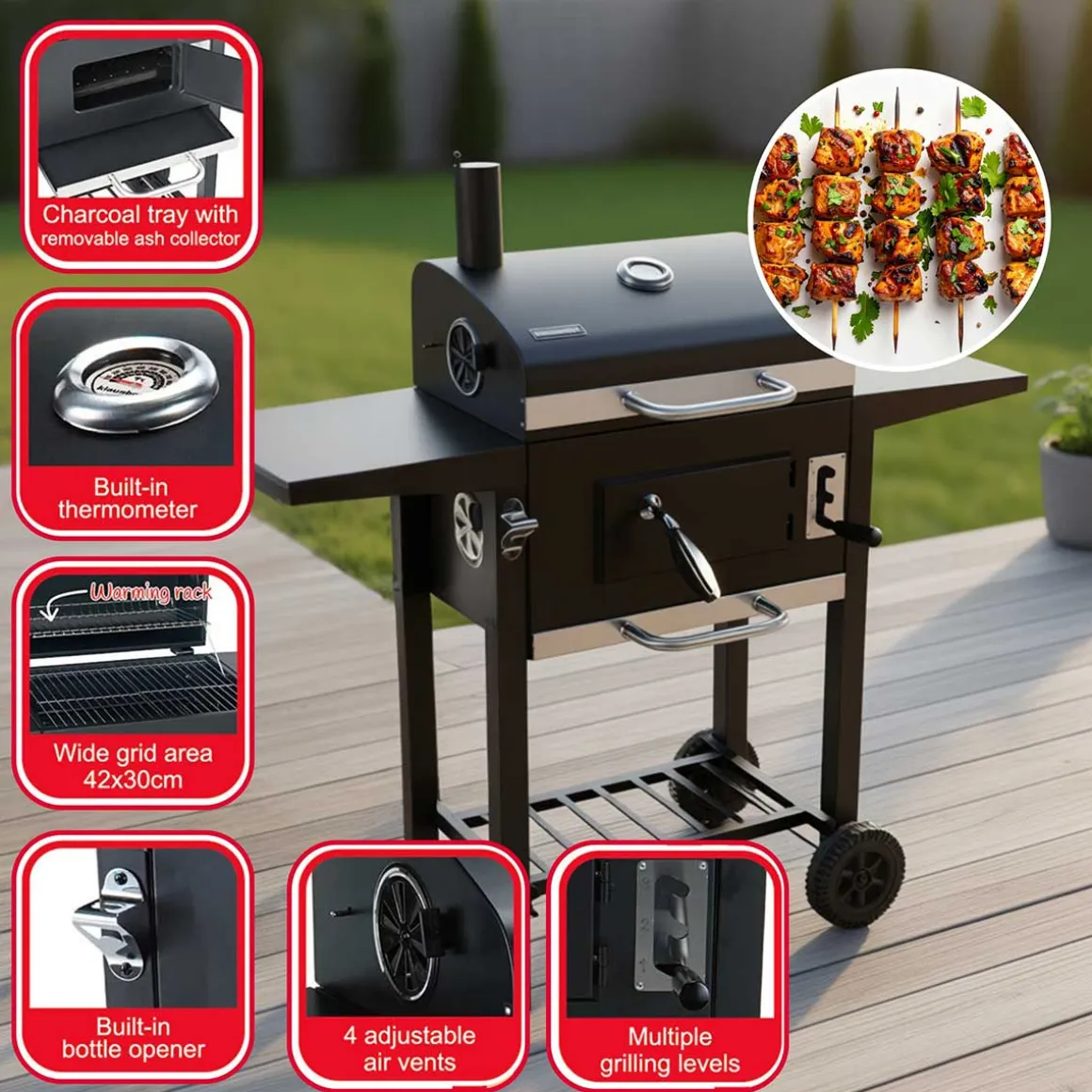 DUŻY GRILL WĘGLOWY Z PÓŁKAMI I TERMOMETREM KLAUSBERG KB-9034
