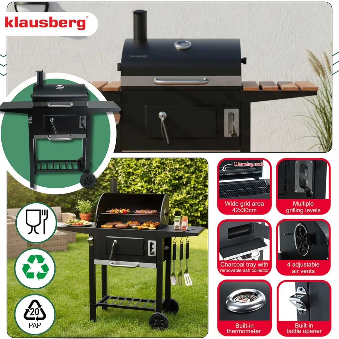 DUŻY GRILL WĘGLOWY Z PÓŁKAMI I TERMOMETREM KLAUSBERG KB-9034