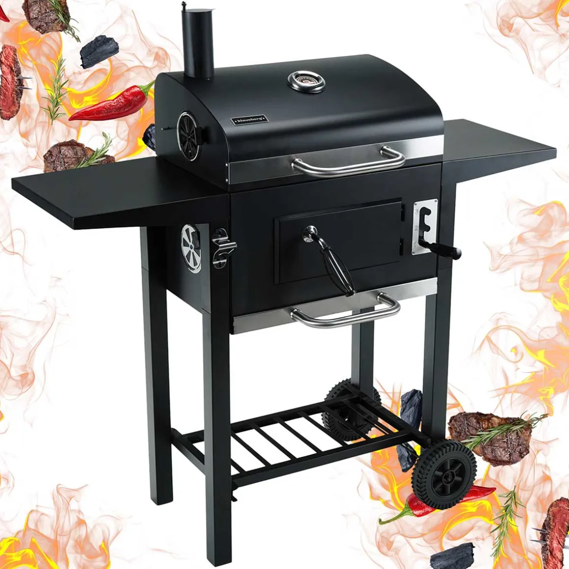 DUŻY GRILL WĘGLOWY Z PÓŁKAMI I TERMOMETREM KLAUSBERG KB-9034