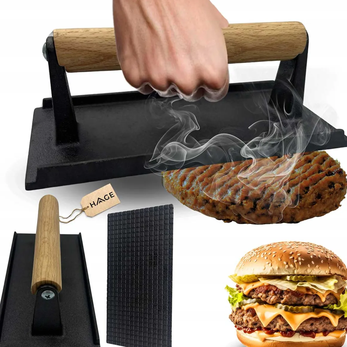 ŻELIWNA PRASKA 20x10cm DO GRILLOWANIA BURGERÓW STEKÓW MIĘSA HAGE