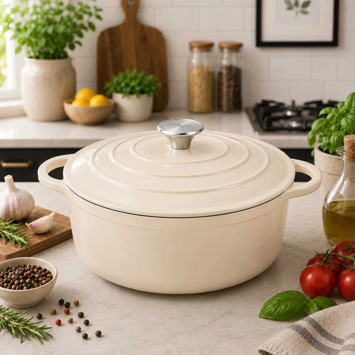 EMALIOWANY GARNEK ŻELIWNY 24cm 4,2L KREMOWY 7765