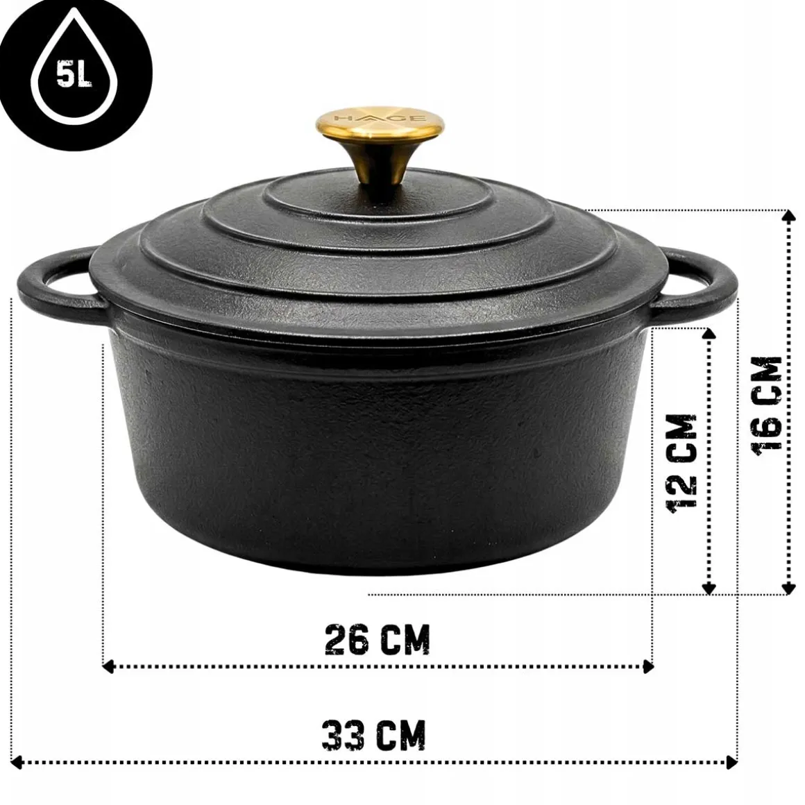 EMALIOWANY GARNEK ŻELIWNY 26cm 5L HAGE CZARNY MAT