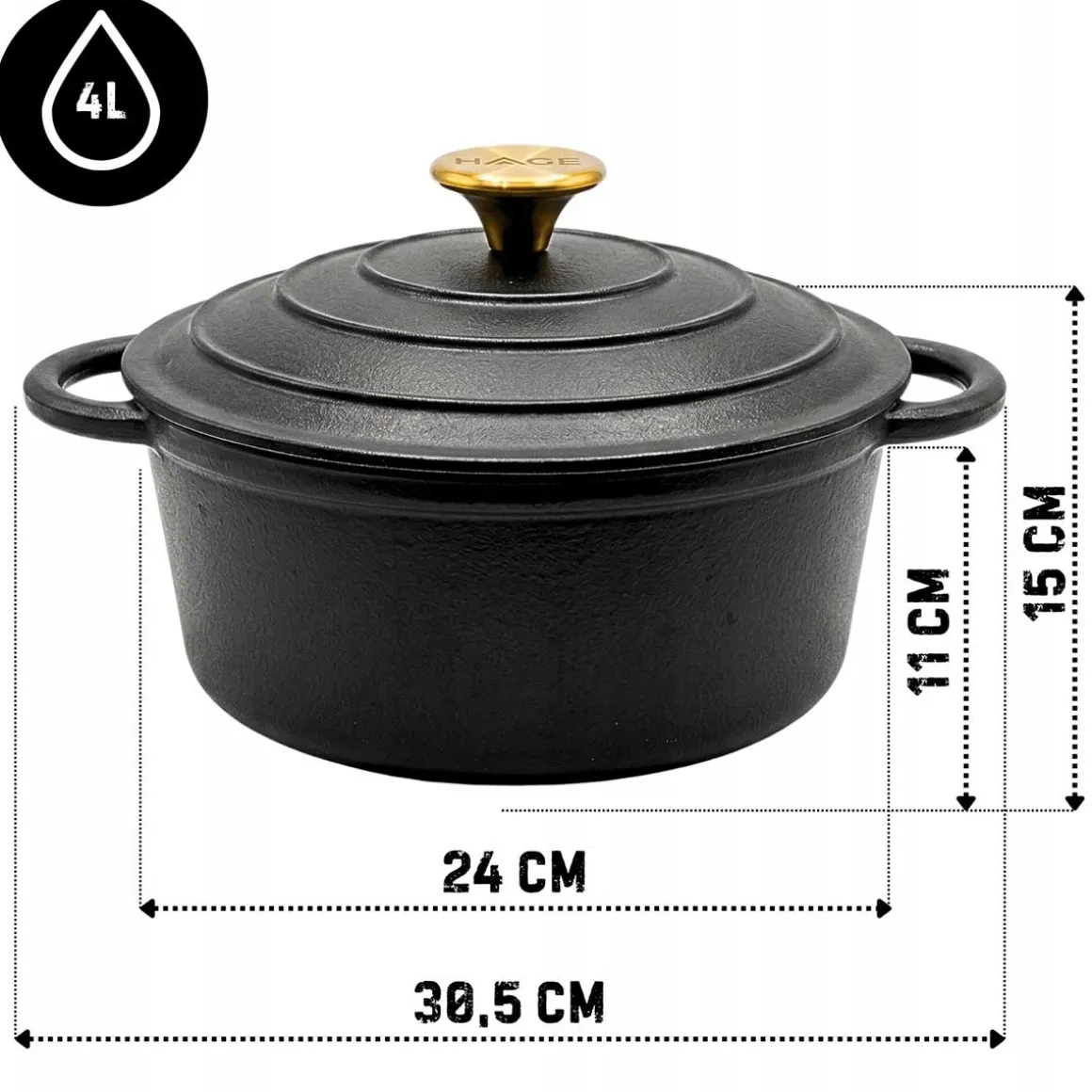 EMALIOWANY GARNEK ŻELIWNY 24cm 4L HAGE CZARNY MAT