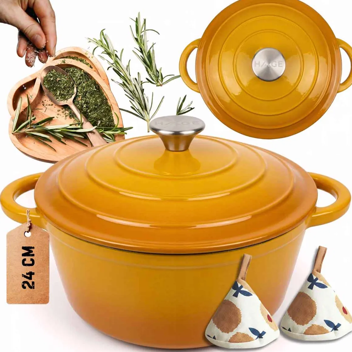 EMALIOWANY GARNEK ŻELIWNY 24cm 4L HAGE MUSZTARDOWY