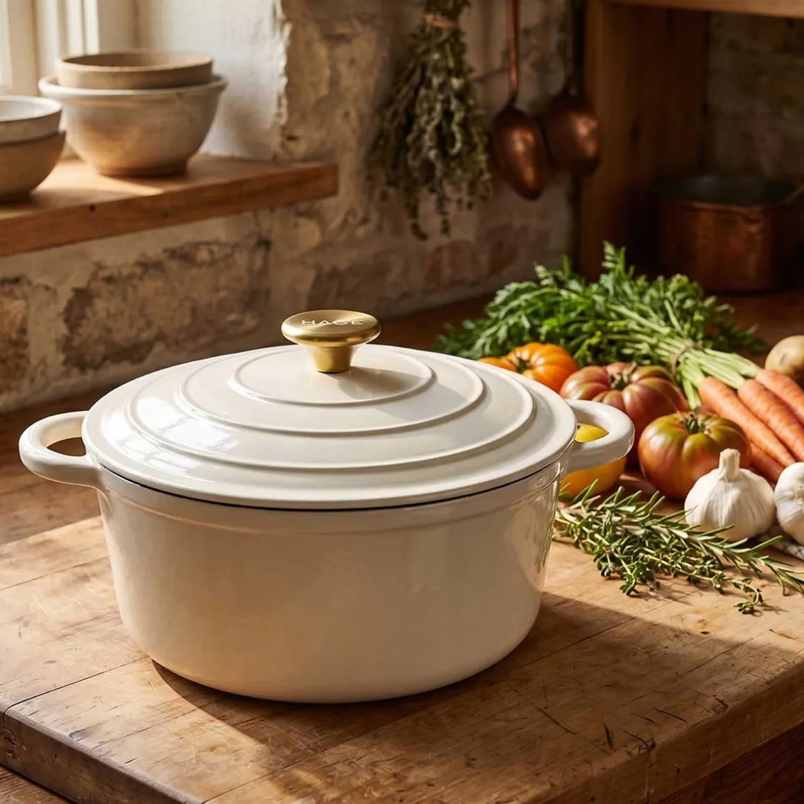EMALIOWANY GARNEK ŻELIWNY 24cm 4L HAGE CREAM