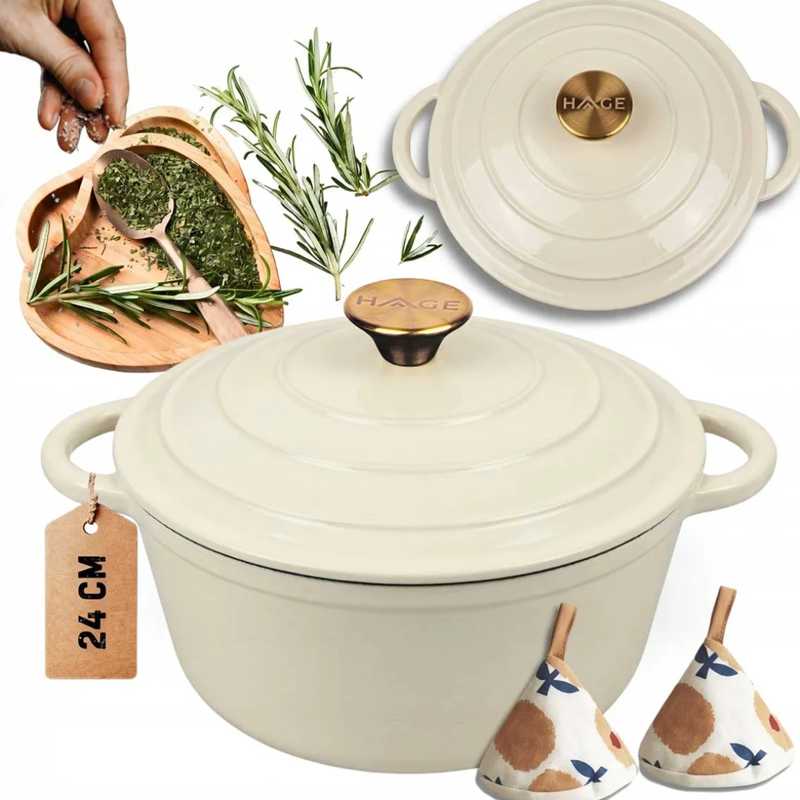 EMALIOWANY GARNEK ŻELIWNY 24cm 4L HAGE CREAM