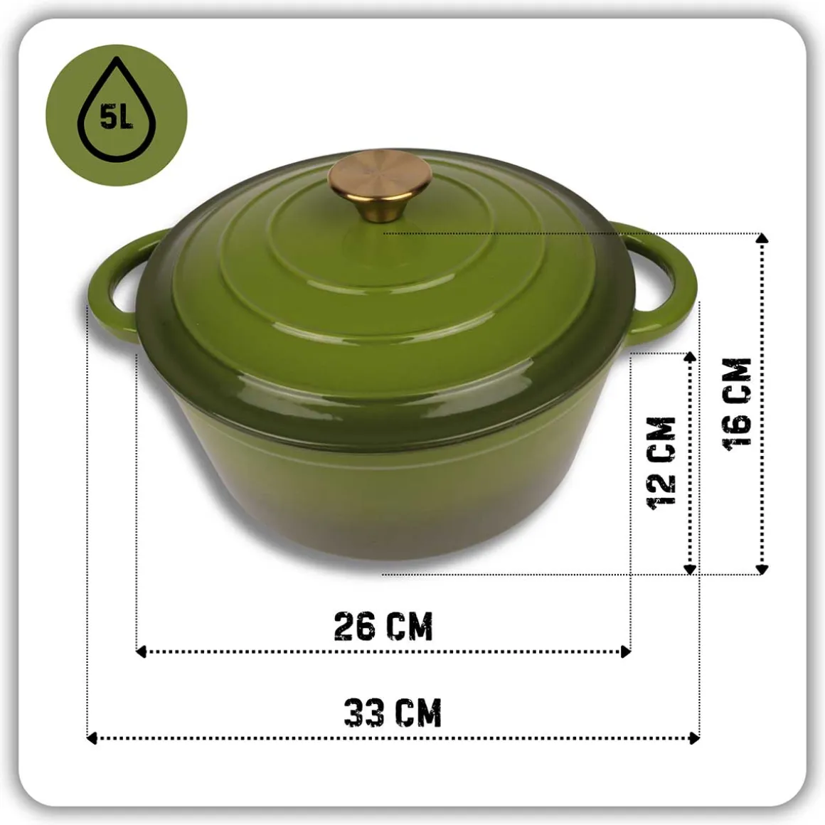 EMALIOWANY GARNEK ŻELIWNY 26cm 5L HAGE OLIWKOWY