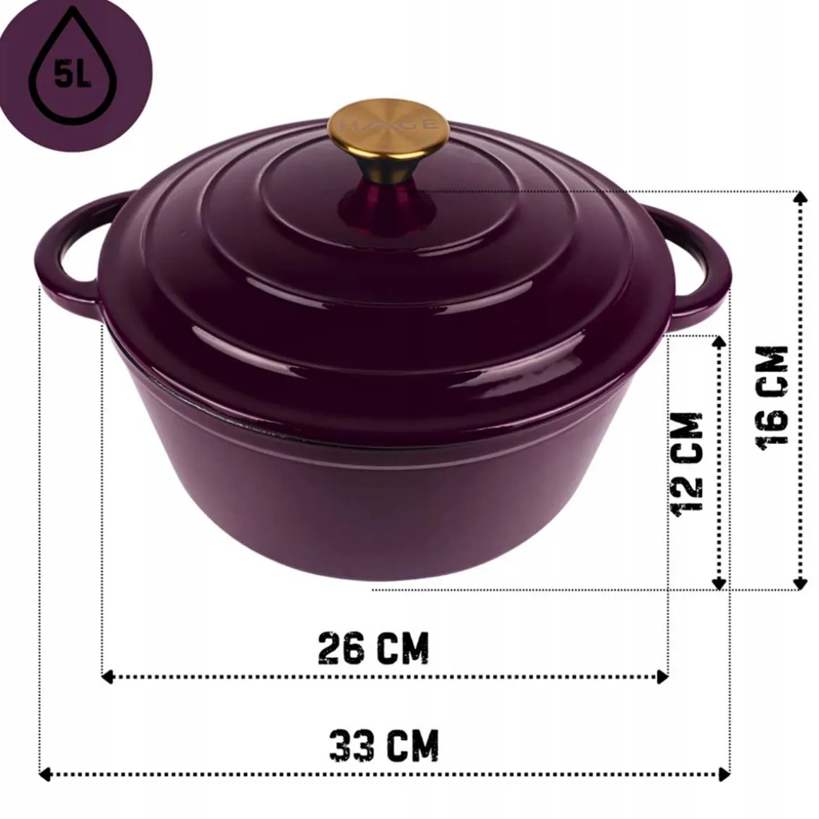 EMALIOWANY GARNEK ŻELIWNY 26cm 5L HAGE EGGPLANT
