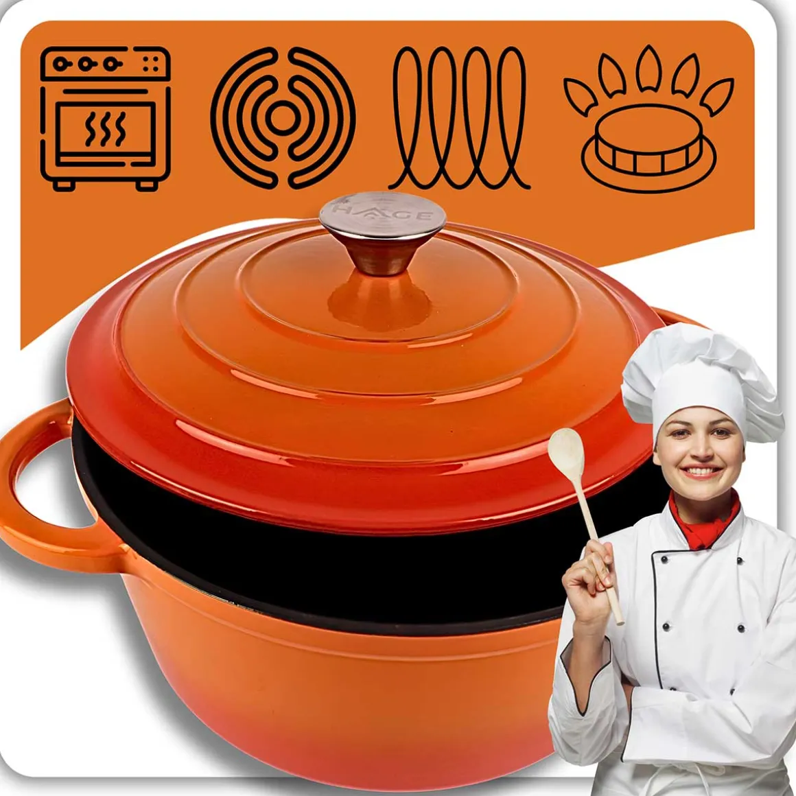 EMALIOWANY GARNEK ŻELIWNY 26cm 5L HAGE ORANGE