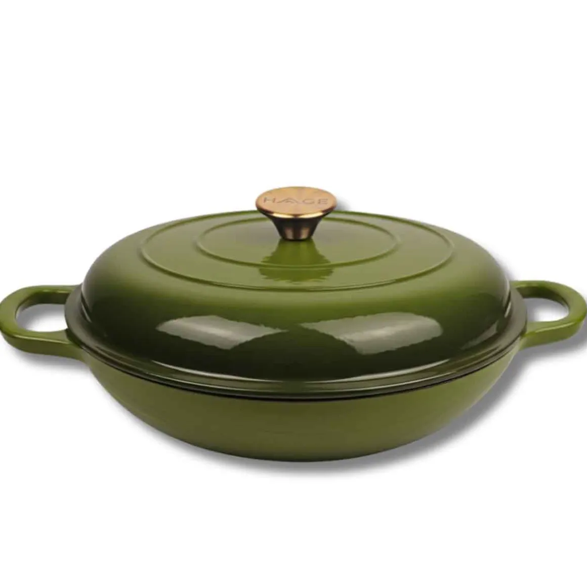 EMALIOWANY GARNEK ŻELIWNY PŁASKI 30cm 3L HAGE OLIWKOWY