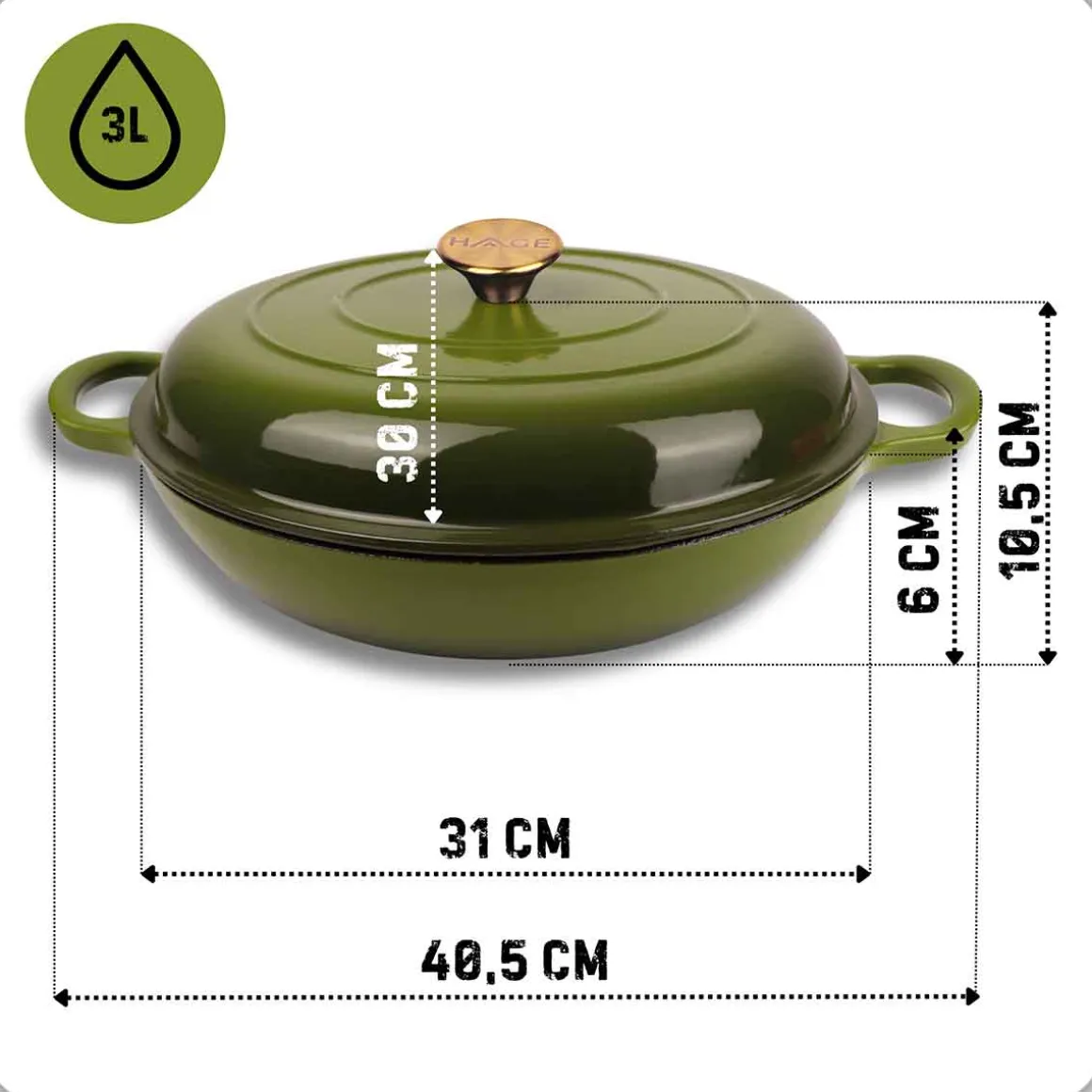 EMALIOWANY GARNEK ŻELIWNY PŁASKI 30cm 3L HAGE OLIWKOWY