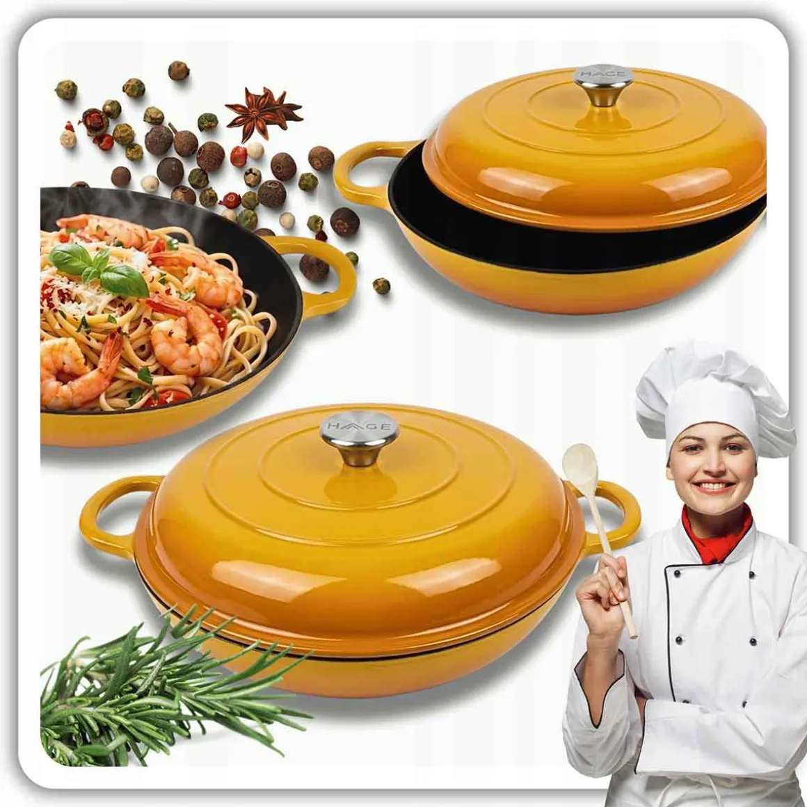 EMALIOWANY GARNEK ŻELIWNY PŁASKI 30cm 3L HAGE MUSZTARDOWY