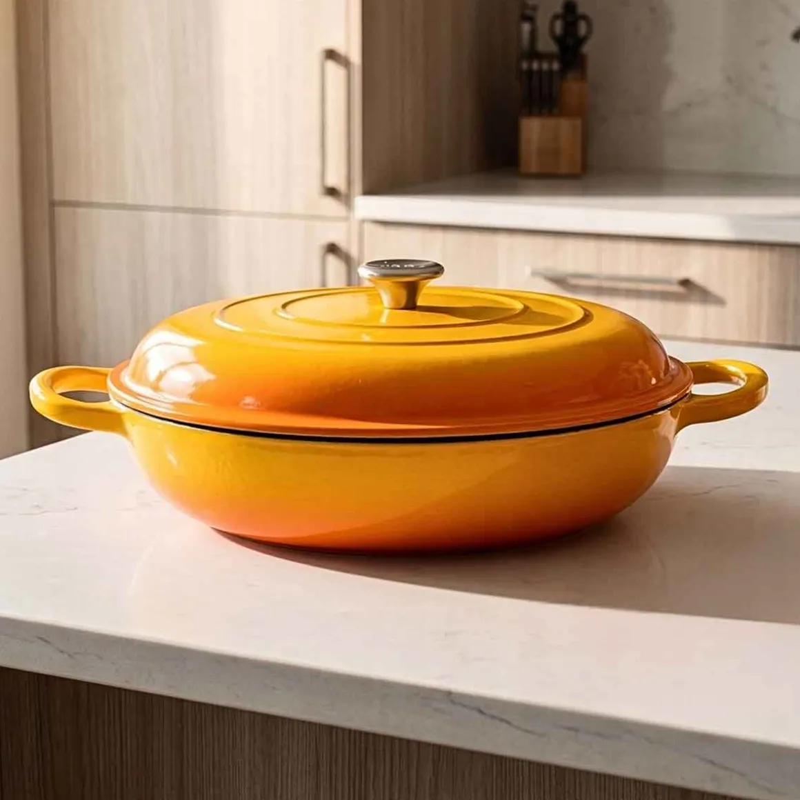 EMALIOWANY GARNEK ŻELIWNY PŁASKI 30cm 3L HAGE MUSZTARDOWY